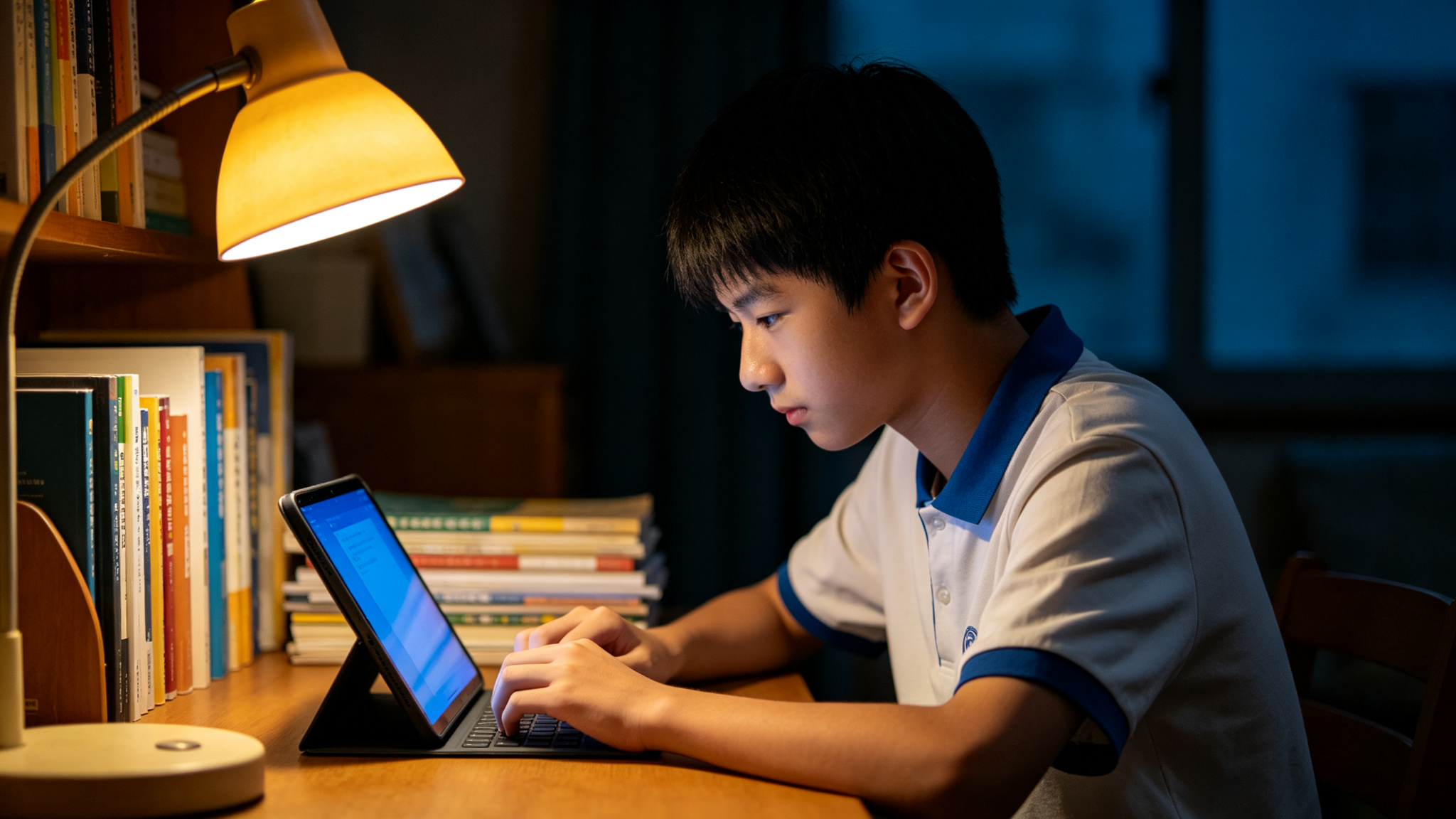孩子在夜晚专注地用学习平板学习